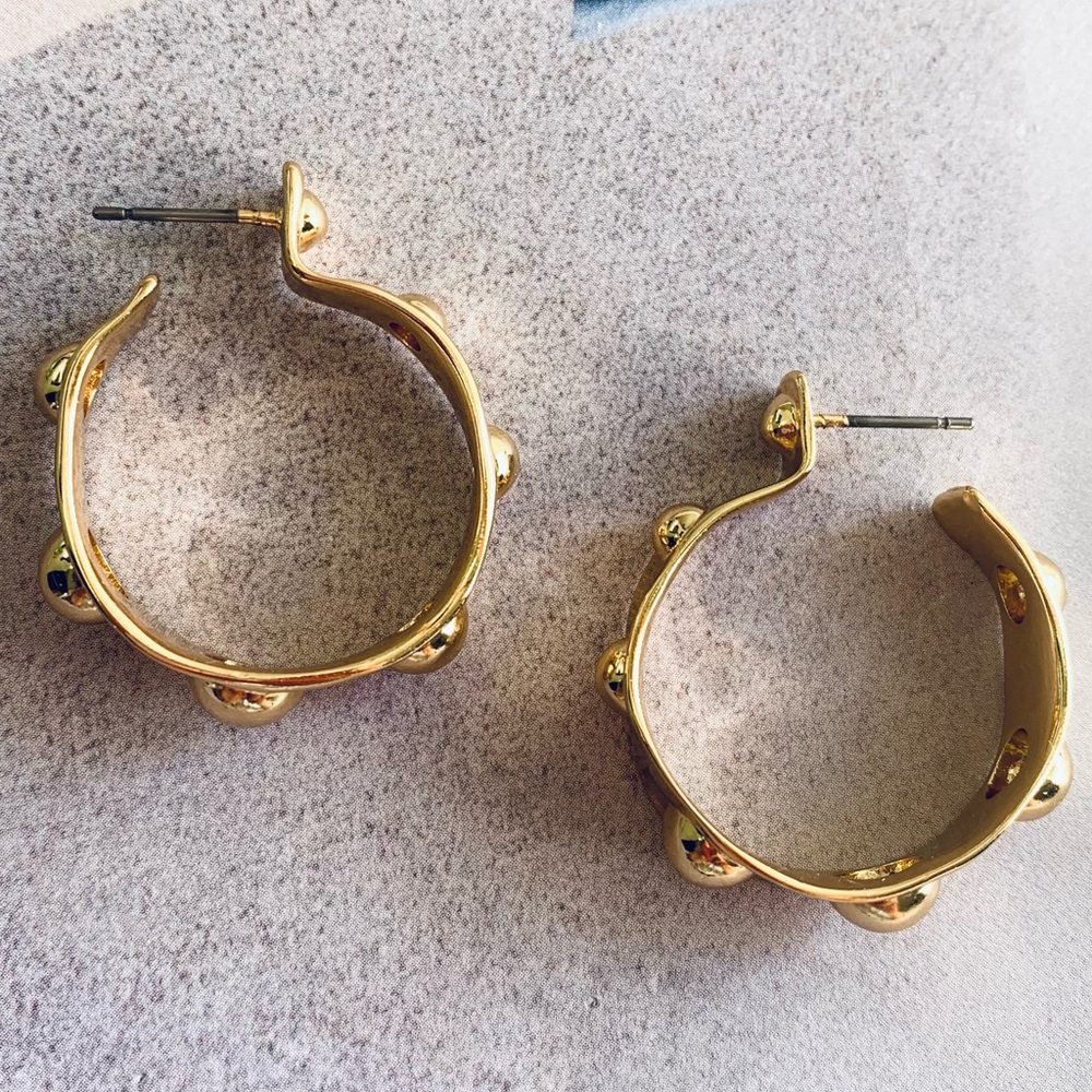 ALEXIS BITTAR• Gold Byzantine Sculpted Raised Repoussé Molten Dots Hoop Earrings - Picture 4 of 13